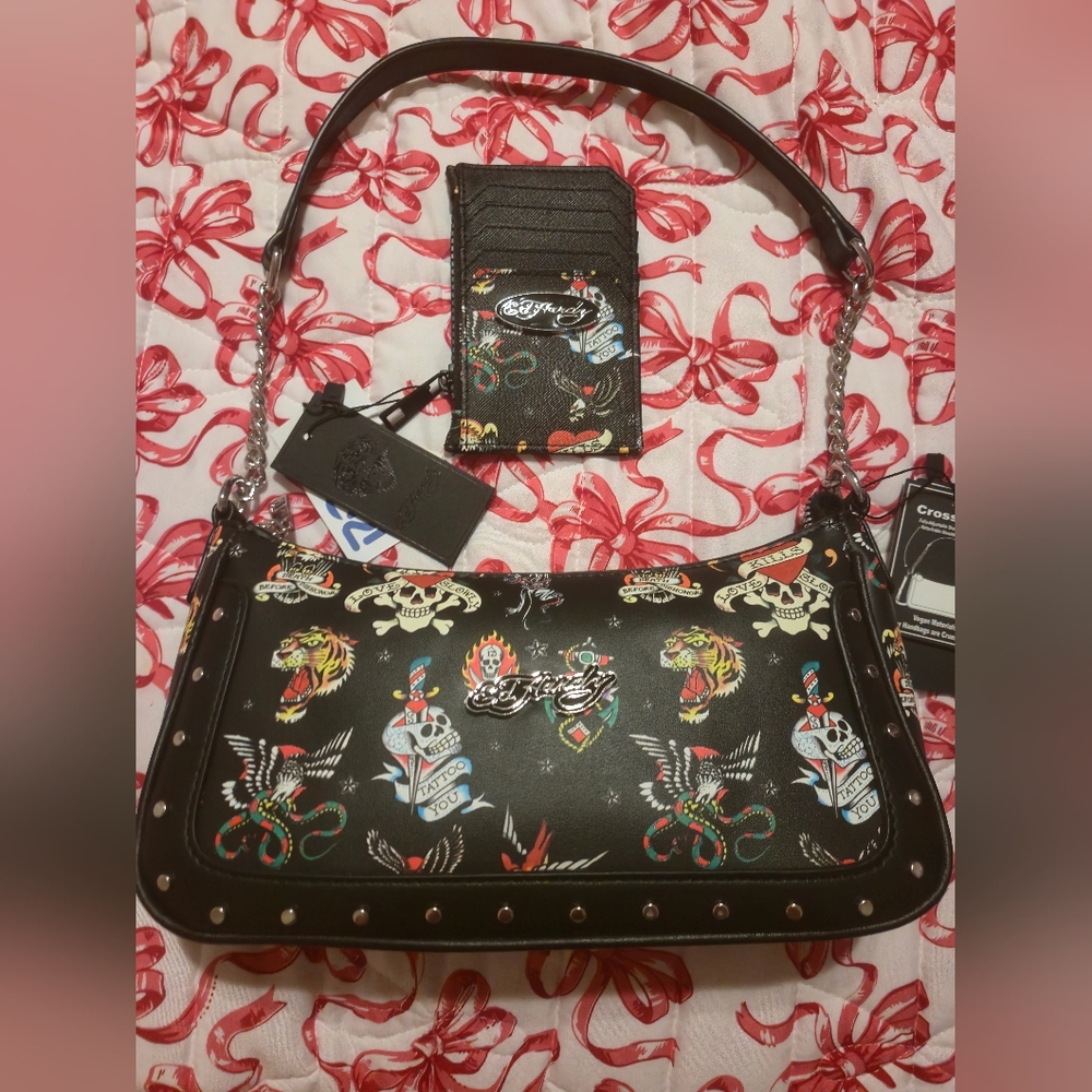 Ed Hardy Black and Multicolor Tattoo Shoulder Bag